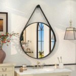 Espelho Redondo 60cm Adnet Alça de Couro Preto Dupla Costura e Suporte em Alumínio Quarto, Banheiro, Sala MF901