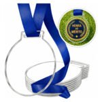 Kit 100 Medalhas Redondas 5cm Acrílico Cristal 2mm Fita Azul