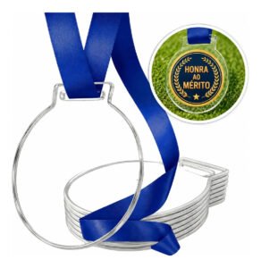 Kit 100 Medalhas Redondas 5cm Acrílico Cristal 2mm Fita Azul